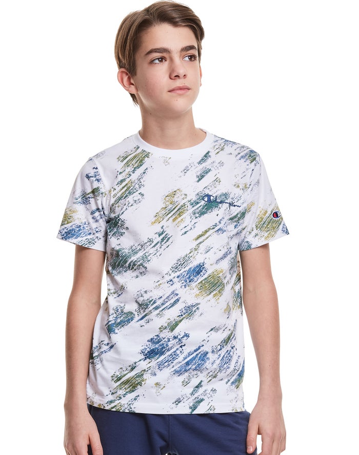 Champion Boys T-Shirt NZ - Cotton Crayon Blur Print White/Blue ( 4382-SZWRD )